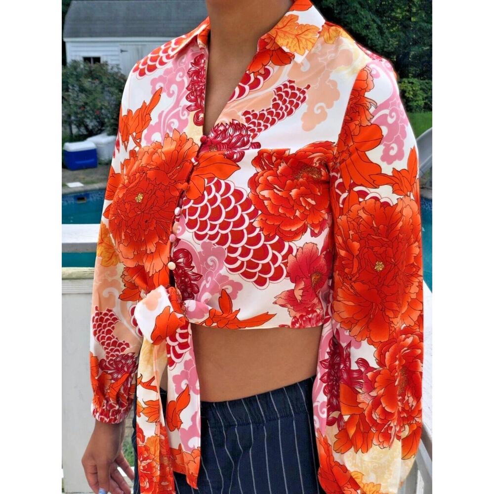 Joie Floral Long Sleeve Button Up Tie Front Cropped Blouse Womens Size M Orange